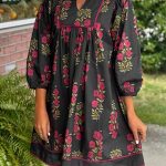 Black Floral Print Notched Neck Piping Trim Bracelet Sleeve Babydoll Dress