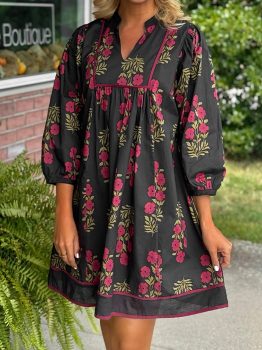 Black Floral Print Notched Neck Piping Trim Bracelet Sleeve Babydoll Dress