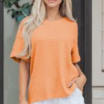 Grapefruit Orange Waffle V Neck Short Sleeve Knit Top