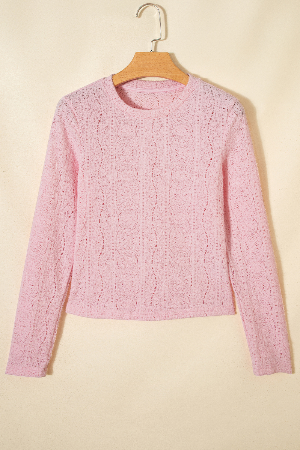 Light Pink Semi Sheer Lace Long Sleeve Cropped Top - Image 5