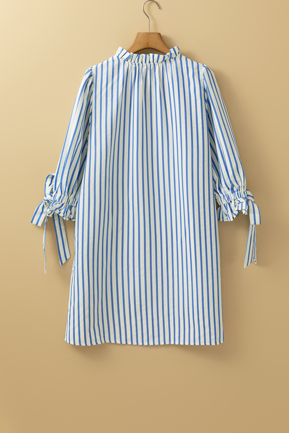Sky Blue Stripe Knotted Bracelet Sleeve Notched Neck Shift Mini Dress - Image 6