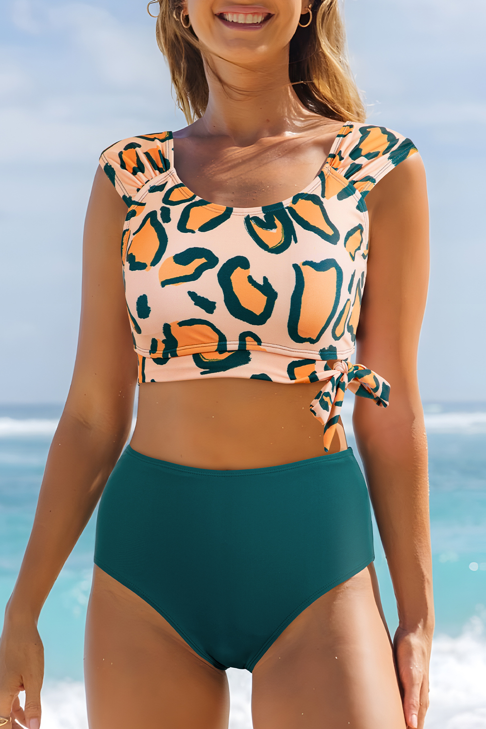 Green Leopard Print U Neck Knotted High Waist Bikini Set - Image 7