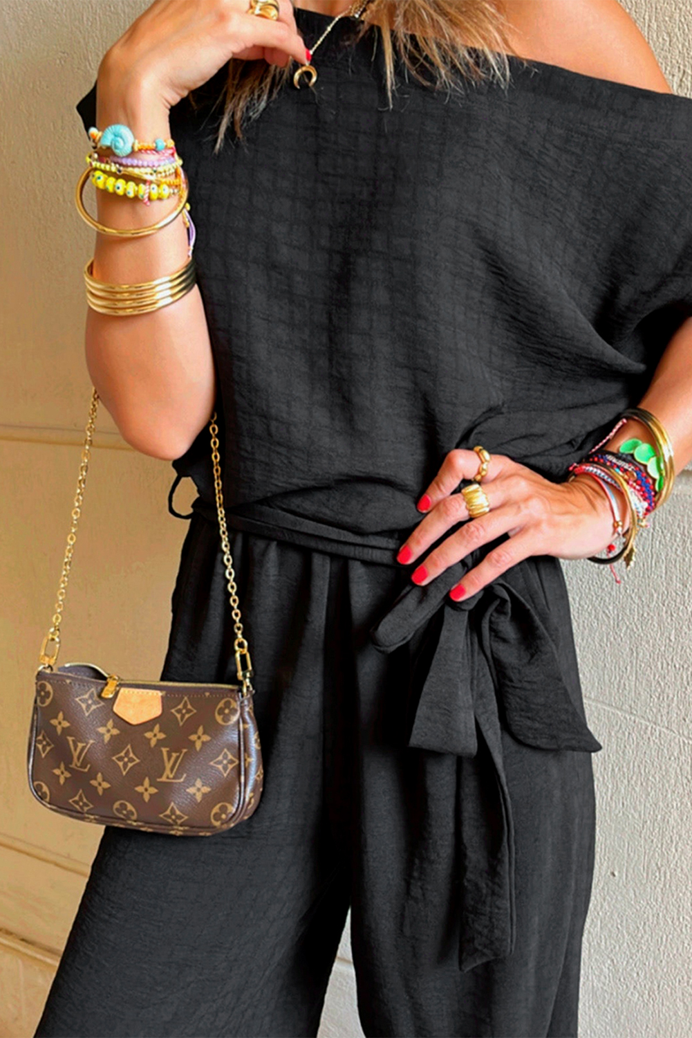 Black Checkered Mesh One Shoulder Short Sleeve Knotted Waist Jumpsuit - Image 5