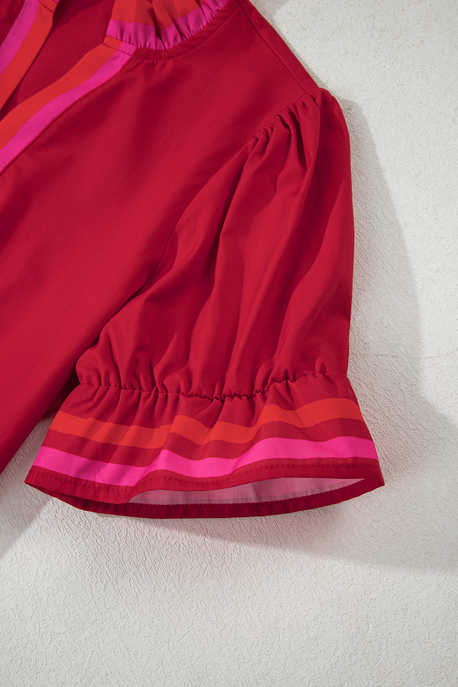 Fiery Red Striped Frilled Collar Ruffled Short Sleeve Blouse - Image 7