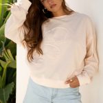 Beige Raw Edge Flower Patch Drop Shoulder Casual Top