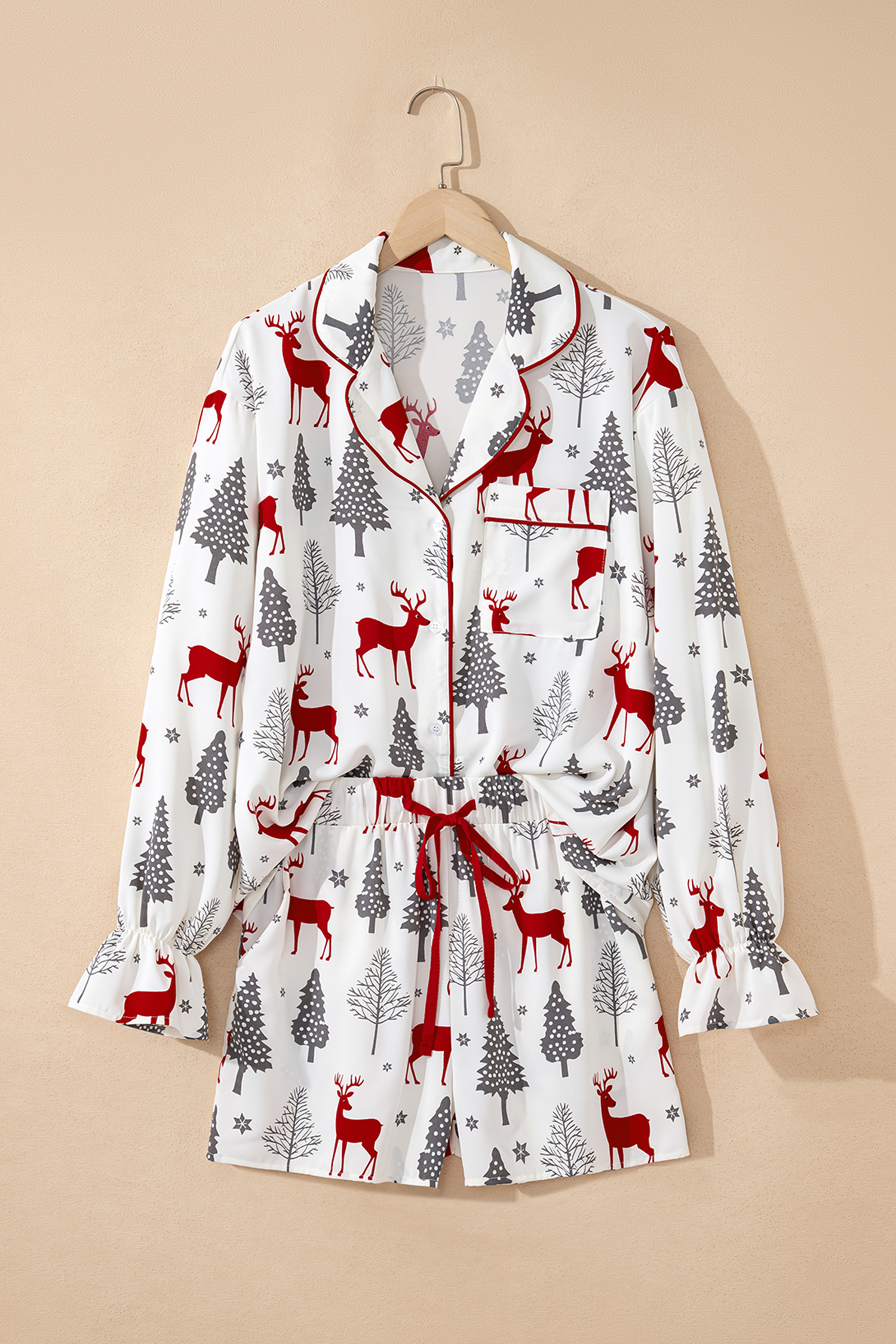 White Christmas Fashion Print Velvet Trim Bow Knot Pajama 2pcs Short Set - Image 3