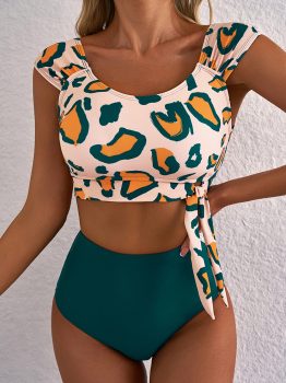 Green Leopard Print U Neck Knotted High Waist Bikini Set