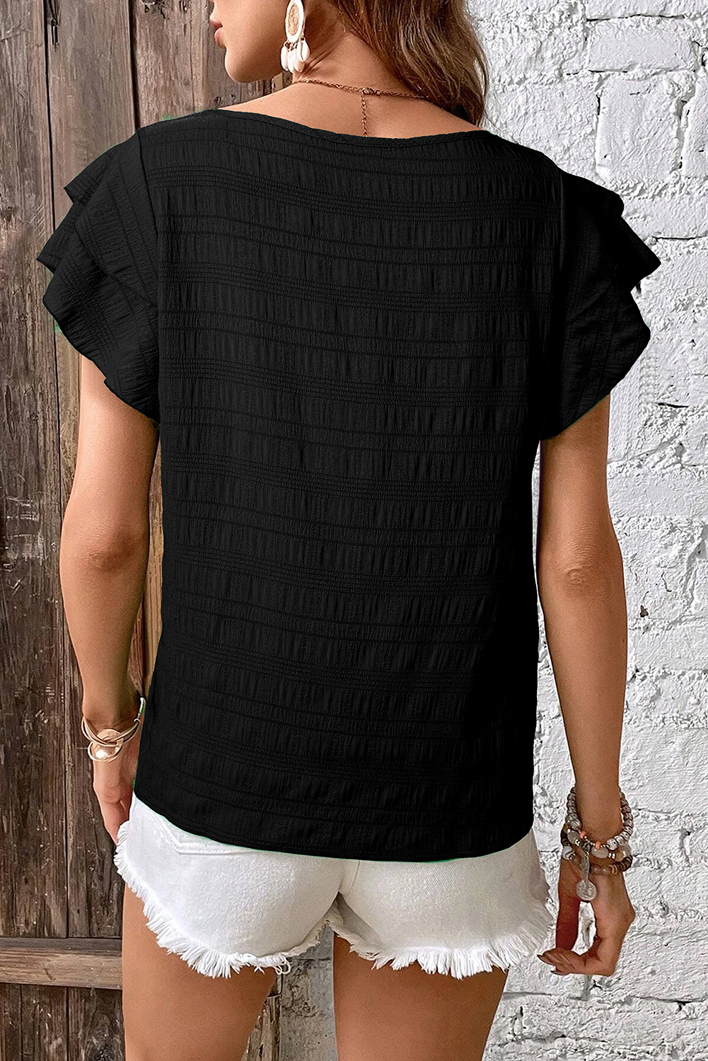Black Textured Ruffled Sleeve Round Neck Top - Image 2