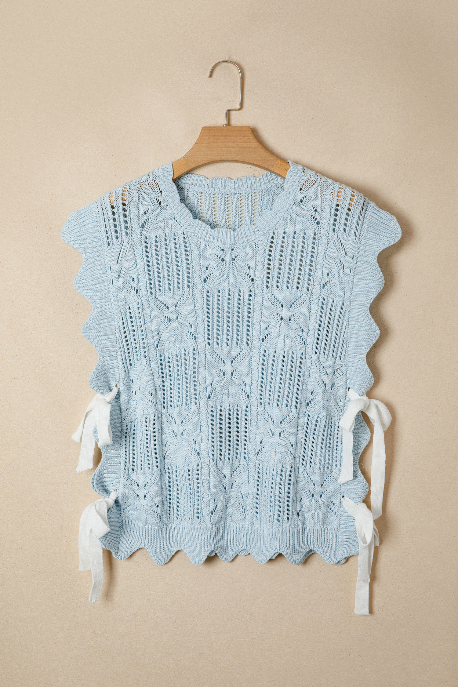 Beau Blue Pointelle Knit Patterned Scalloped Trim Short Sleeve Sweater - Image 8
