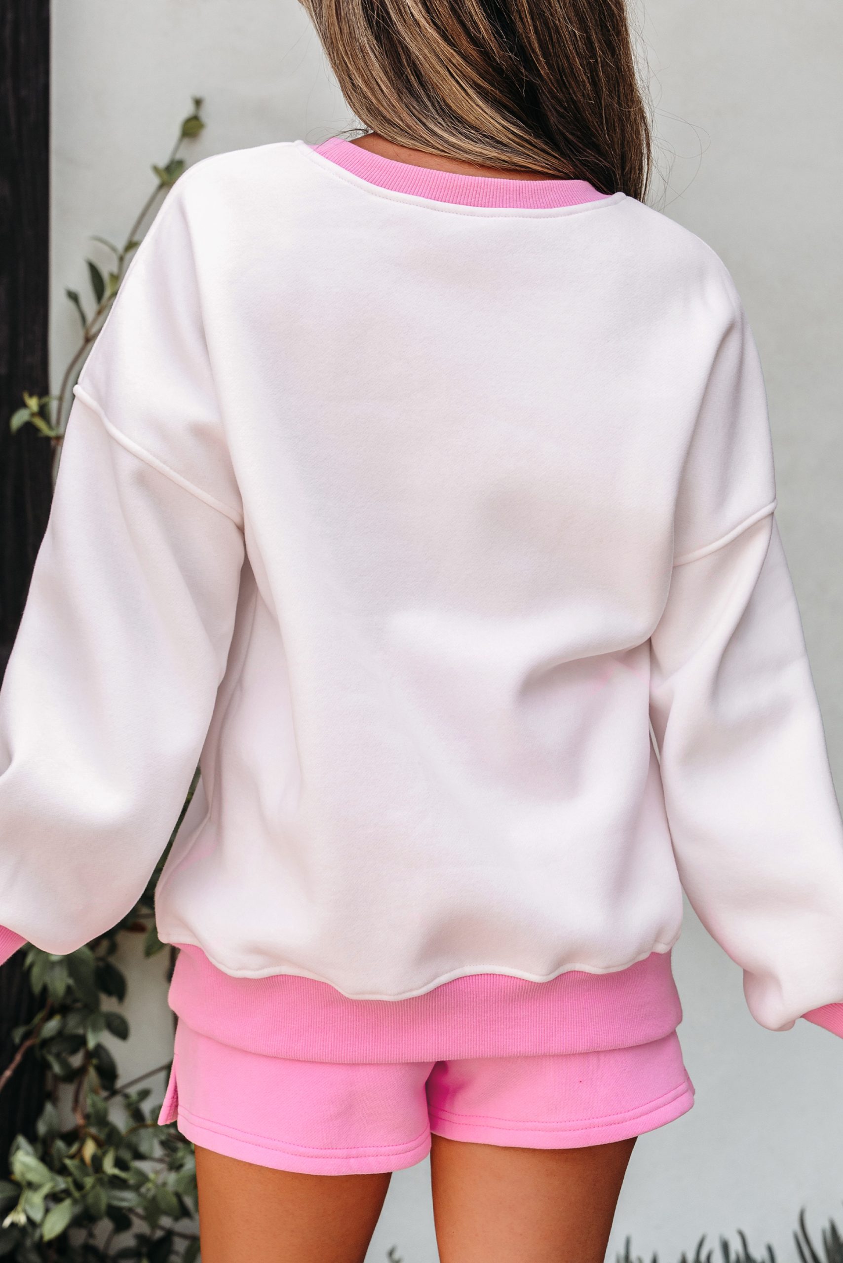 Strawberry Pink Color Block Pullover and Lace-up Elastic Waist Shorts Set - Image 2