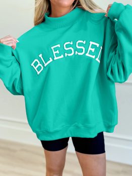 Sea Green Oversize Blessed Embroidered Mock Neck Sweatshirt