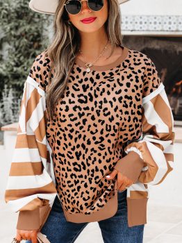 Khaki Stripe Color Block Patchwork Leopard Casual Sweatshirt with Slits
