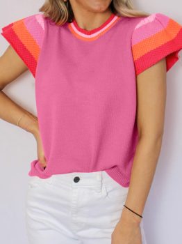 Bright Pink Contrast Flutter Sleeves Knitted Sweater T Shirt