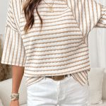 Apricot Stripe Textured Knit Split Hem Half Sleeve Loose Top