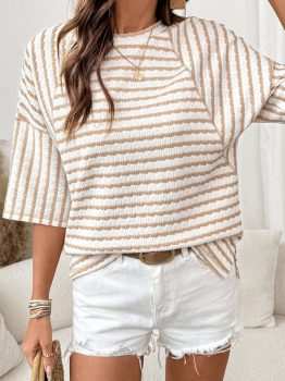 Apricot Stripe Textured Knit Split Hem Half Sleeve Loose Top
