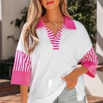 White Striped Color Block Patchwork Polo Collar Half Sleeve T Shirt