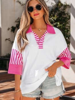 White Striped Color Block Patchwork Polo Collar Half Sleeve T Shirt