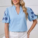 Beau Blue Flower Embroidered Puff Sleeve Split Neck Textured Blouse