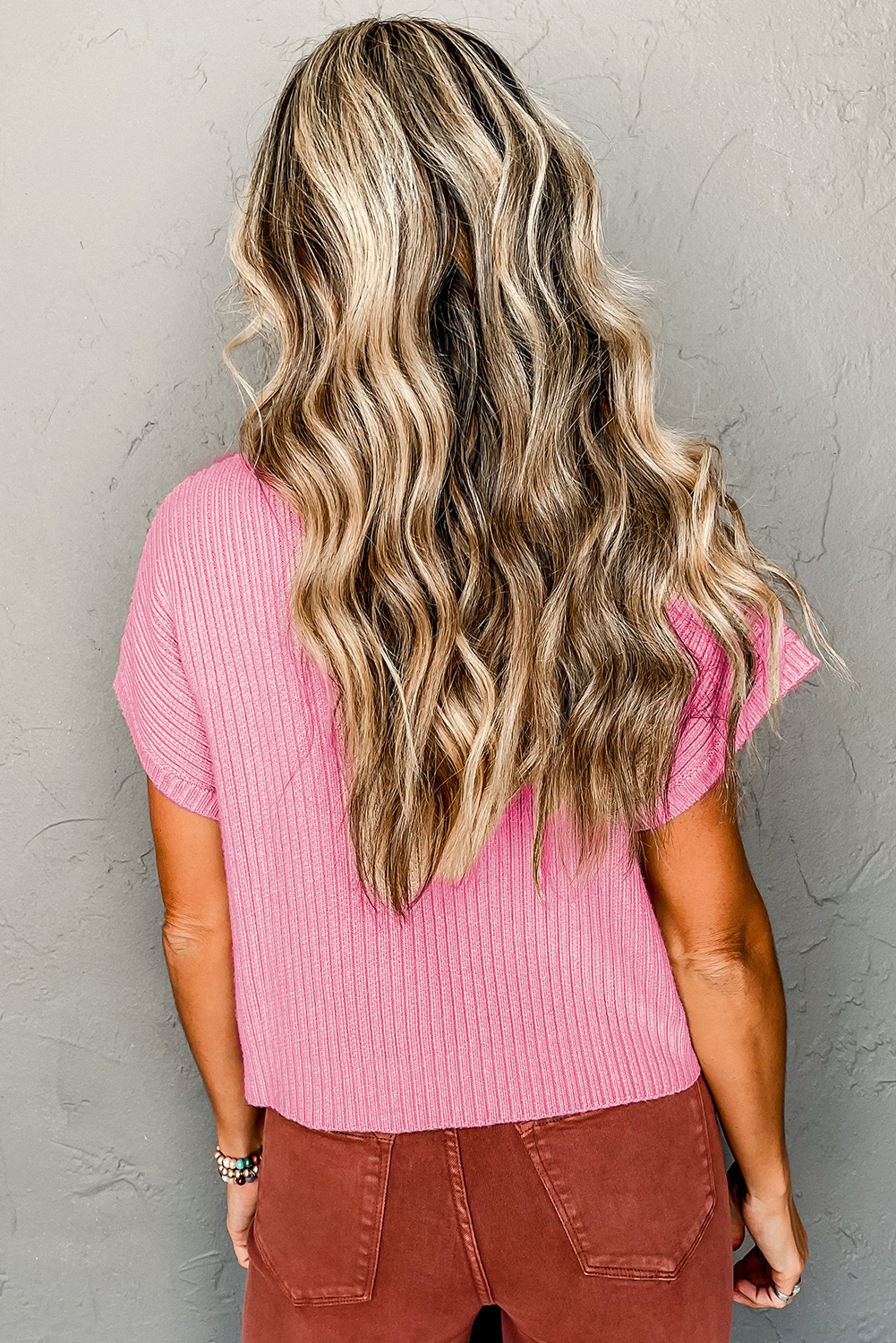 Pink Patch Pocket Ribbed Knit Short Sleeve Sweater - Image 2