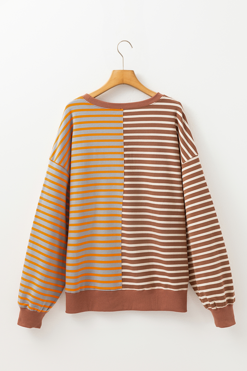 Brown Stripe Casual Stripe Colorblock Drop Shoulder Oversize Sweatshirt - Image 5