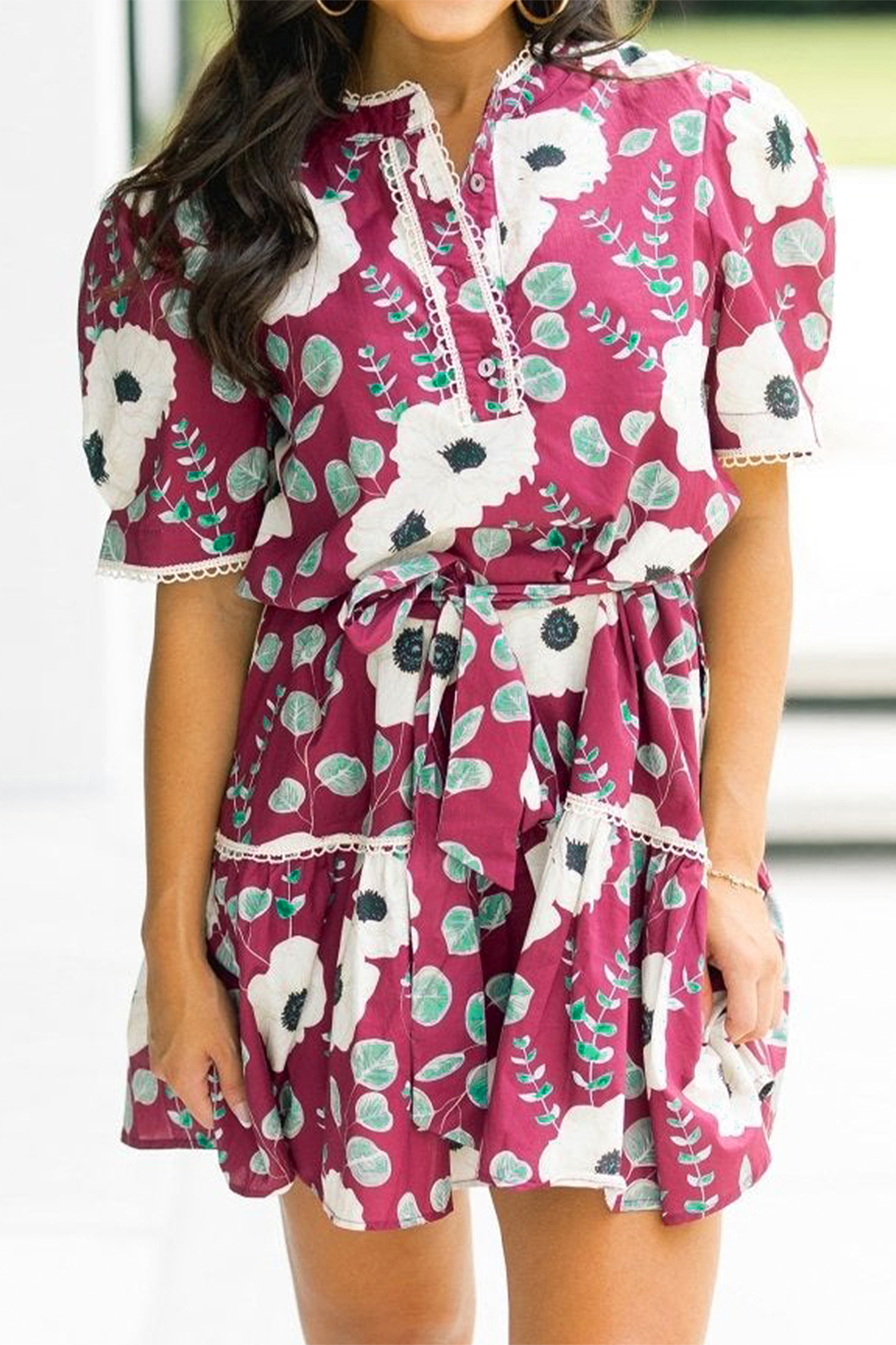 Red Floral Print Trimmed Short Puff Sleeve Mini Dress with Belt - Image 4