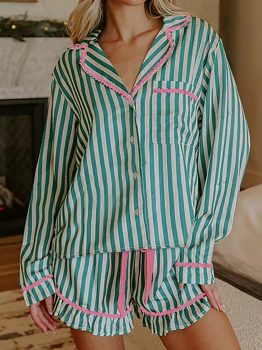 Green Stripe Contrast Ricrac Trim Long Sleeve Shirt Drawstring Ruffled Pajama Short Set