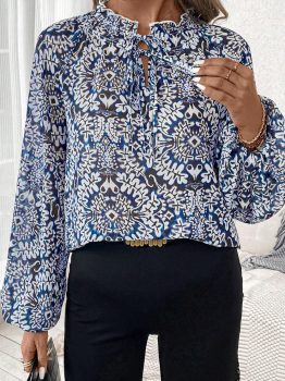 Blue Tribal Print Lace-up Frilled Neck Puff Sleeve Blouse