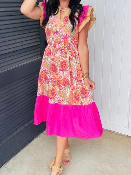 Rose Floral Print Color Block Ruffled Short Sleeve Flared Midi Dress