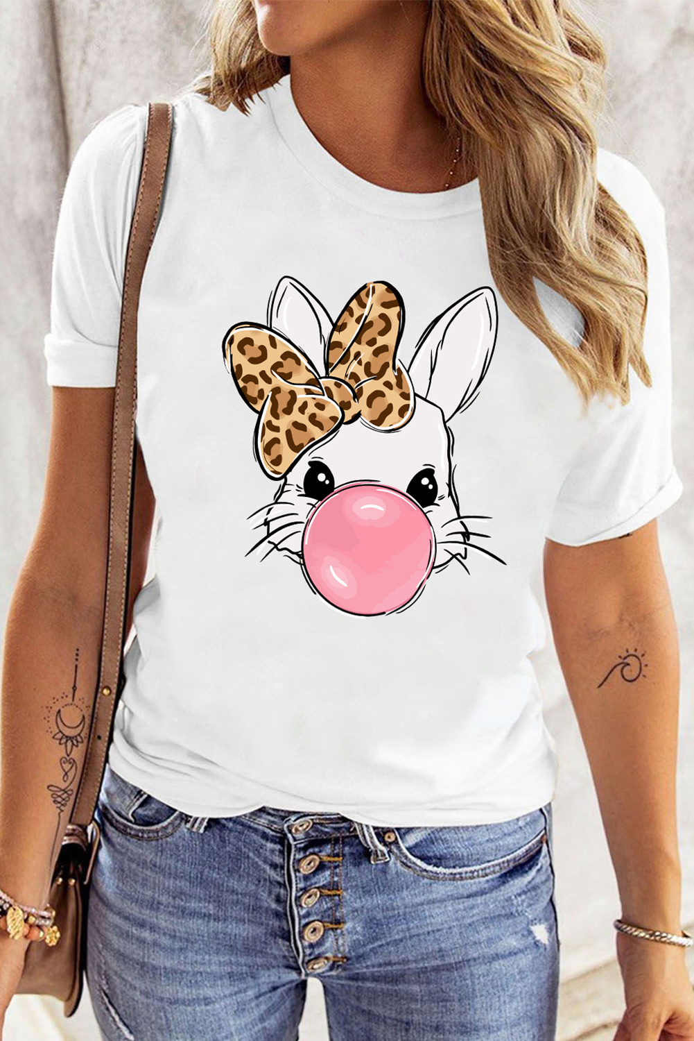 White Leopard Bow Bubble Rabbit Graphic Tee - Image 3