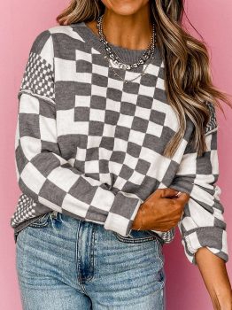 Gray Checkered Print Drop Shoulder Round Neck Sweater