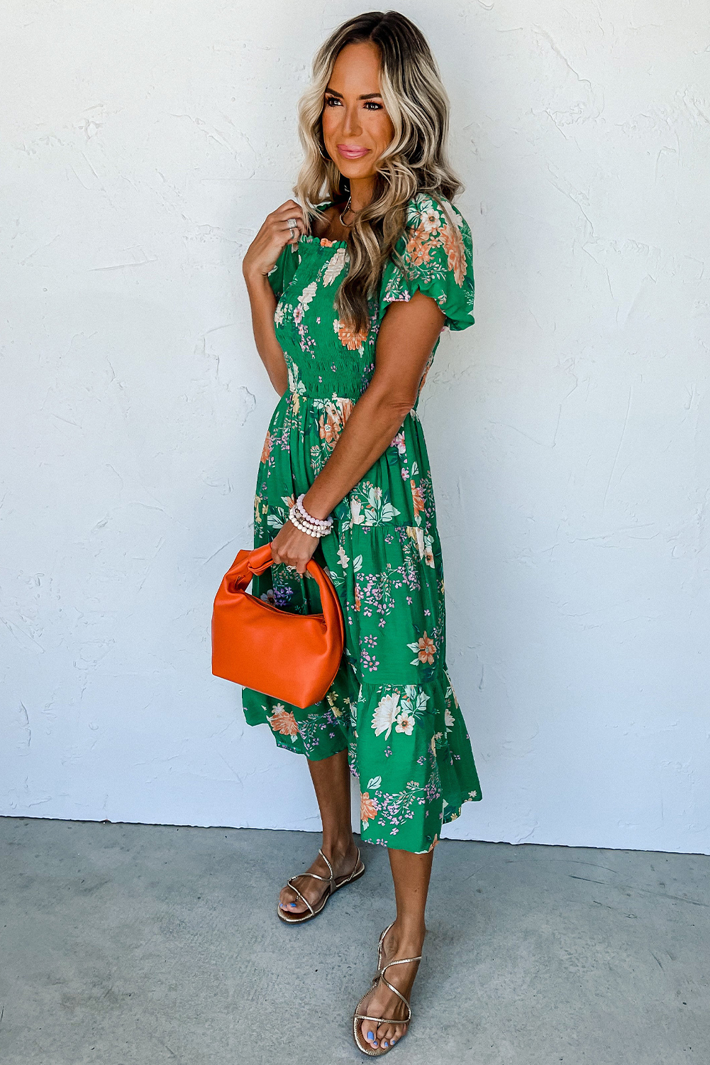 Green Floral Print Bubble Sleeve Smocked Tiered Midi Dress - Image 3
