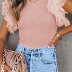 Pink Dotty Mesh Ruffle Sleeve Ribbed Knit Top