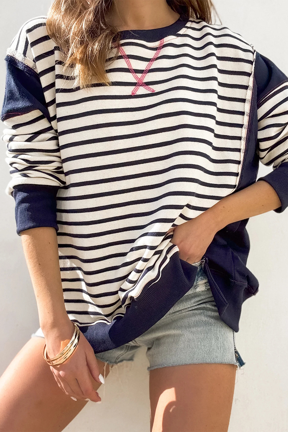 White Stripe Color Block Exposed Seam Loose Fit Sweatshirt - Image 8