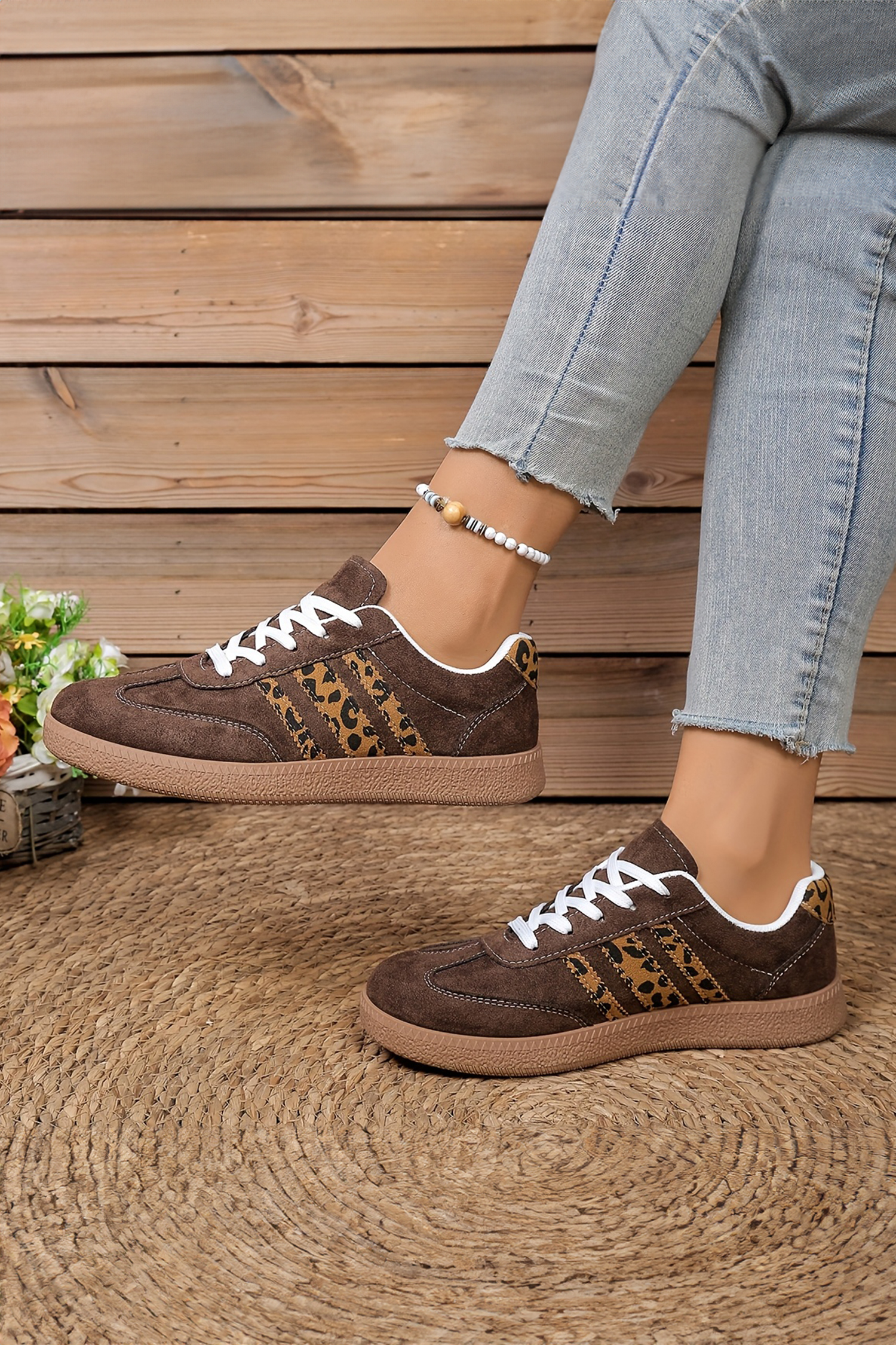 Coffee Contrast Lace-up Leopard Patchwork Detail Faux Suede Shoes - Image 5