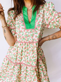 Green Contrast Neckline Ricrac Trim Floral Short Puff Sleeve Dress