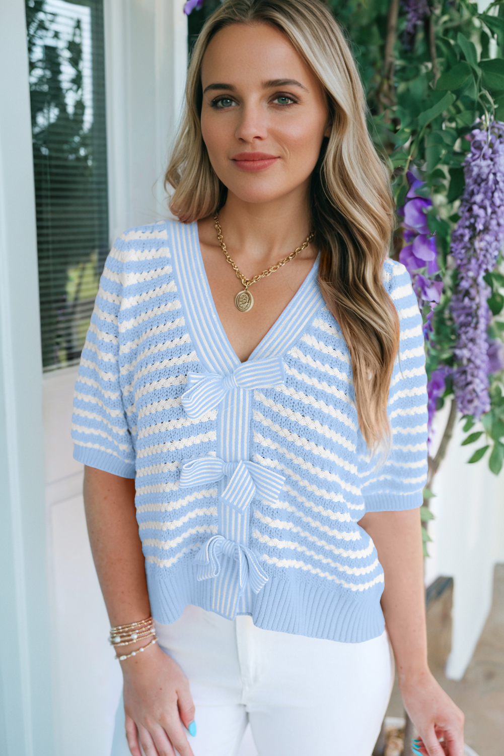 Sky Blue Stripe Short Sleeve Knit V Neck Bow Knot Sweater - Image 4