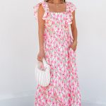 Pink Floral Print Square Neck Ruffled Strap Maxi Dress