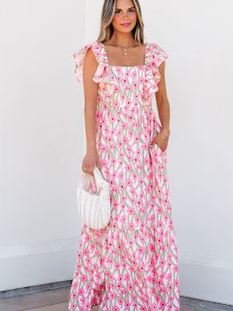 Pink Floral Print Square Neck Ruffled Strap Maxi Dress