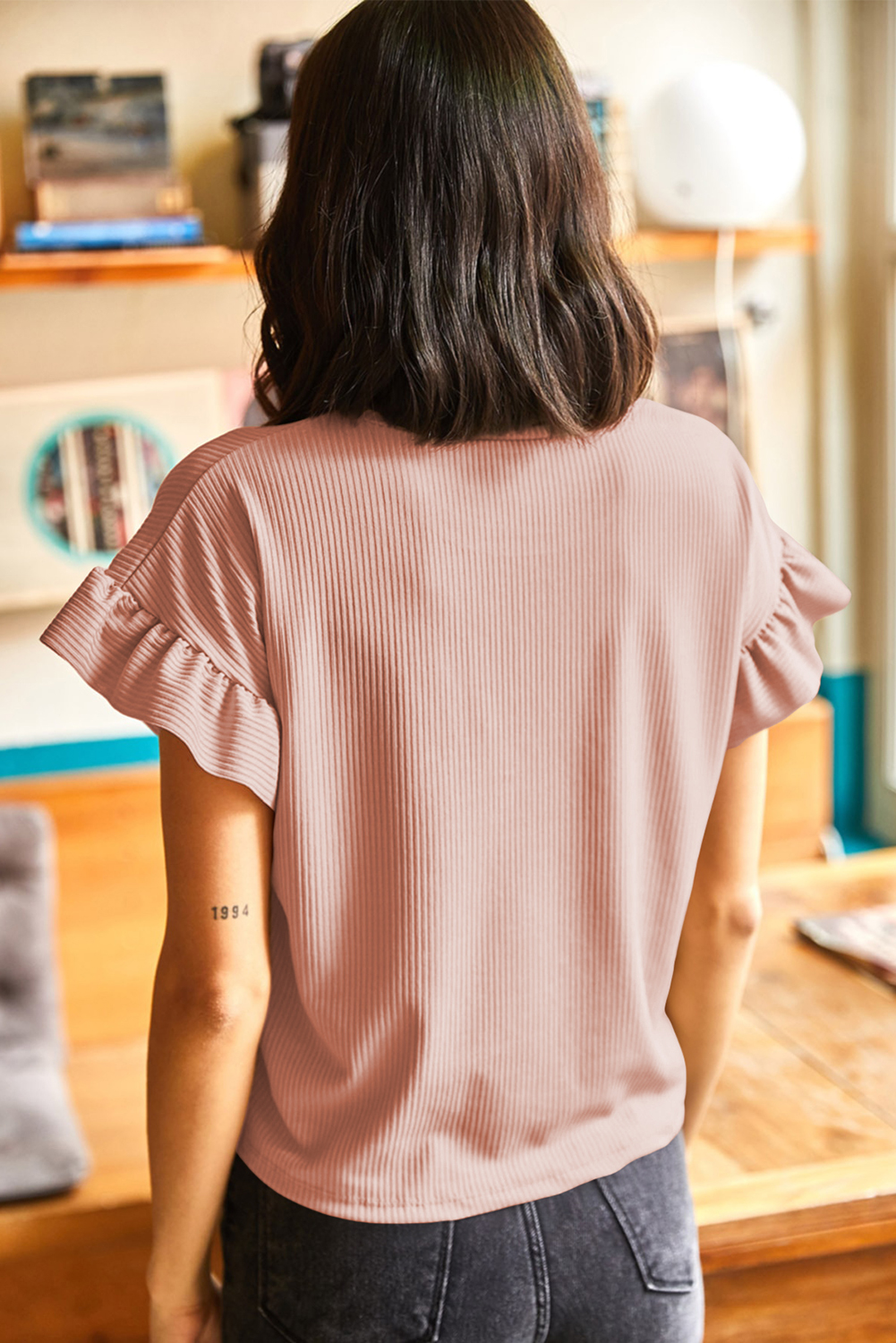 Dusty Pink Solid Color Ribbed Ruffled Short Sleeve T Shirt - Image 2