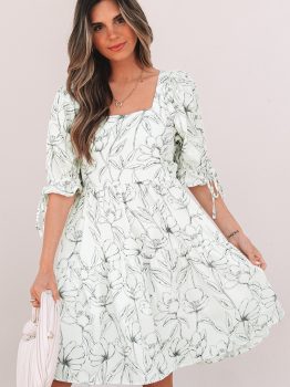 Beige Floral Print Square Neck Shirred Back Puff Sleeve Mini Dress