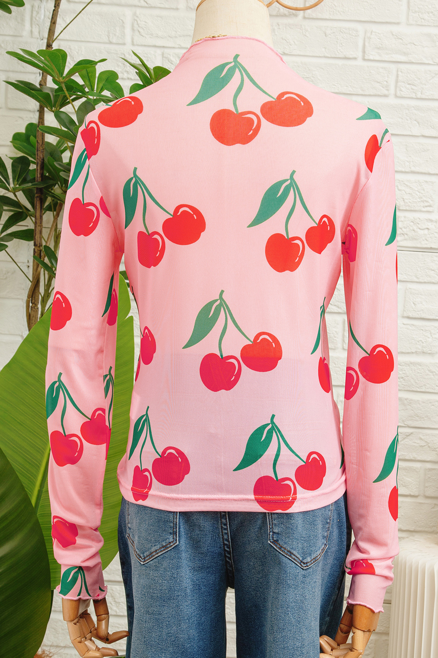Pink Cherry Print Lettuce Trim Long Sleeve Mesh Top - Image 3