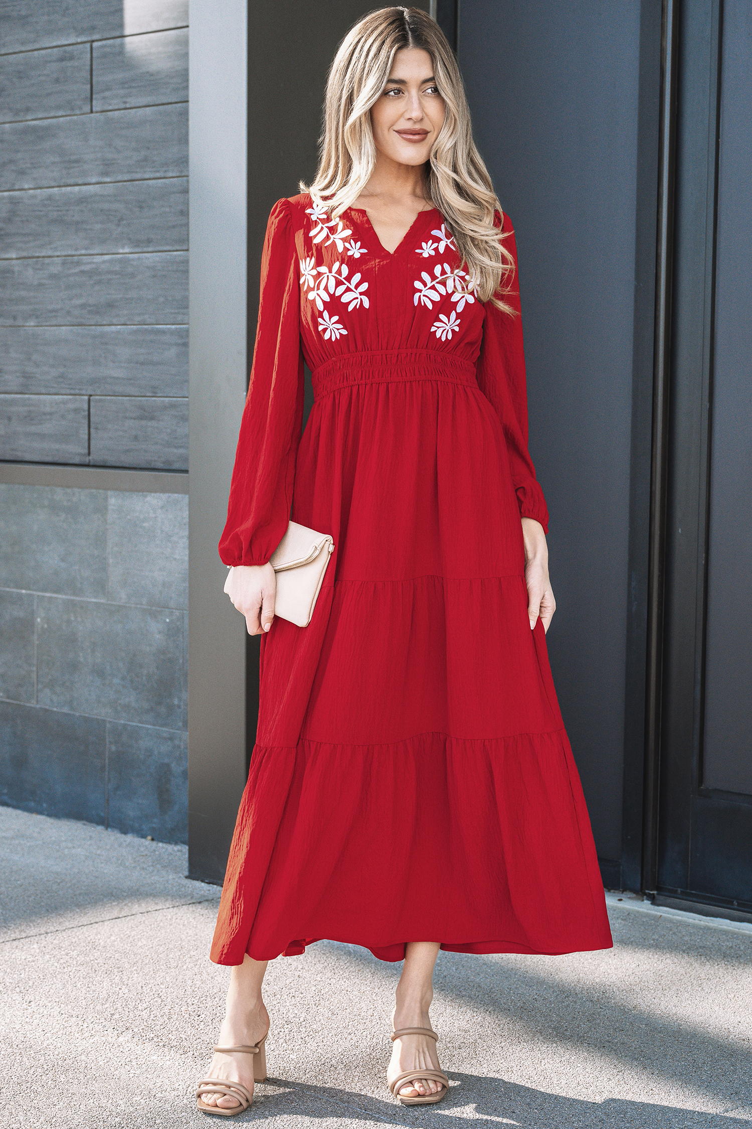 Racing Red Contrast Embroidered Detail Cinched Waist Tiered Long Sleeve Maxi Dress - Image 4
