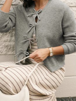 Philippine Gray Ribbed Knit Bow Front Buttoned Cardigan