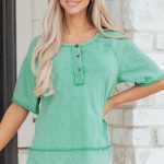 Mint Green Half Buttons Raw Seam Raglan Sleeve Mineral Wash T Shirt