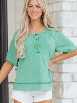 Mint Green Half Buttons Raw Seam Raglan Sleeve Mineral Wash T Shirt