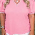 Bonbon V Neck Pleated Short Puff Sleeve Plus Size Blouse