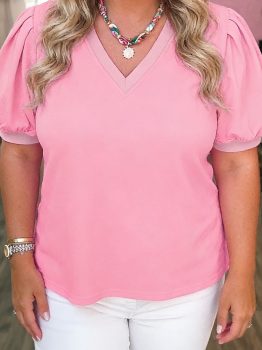 Bonbon V Neck Pleated Short Puff Sleeve Plus Size Blouse