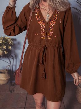 Burgundy Floral Embroidered Tassel Tie Waist Long Sleeve Mini Dress