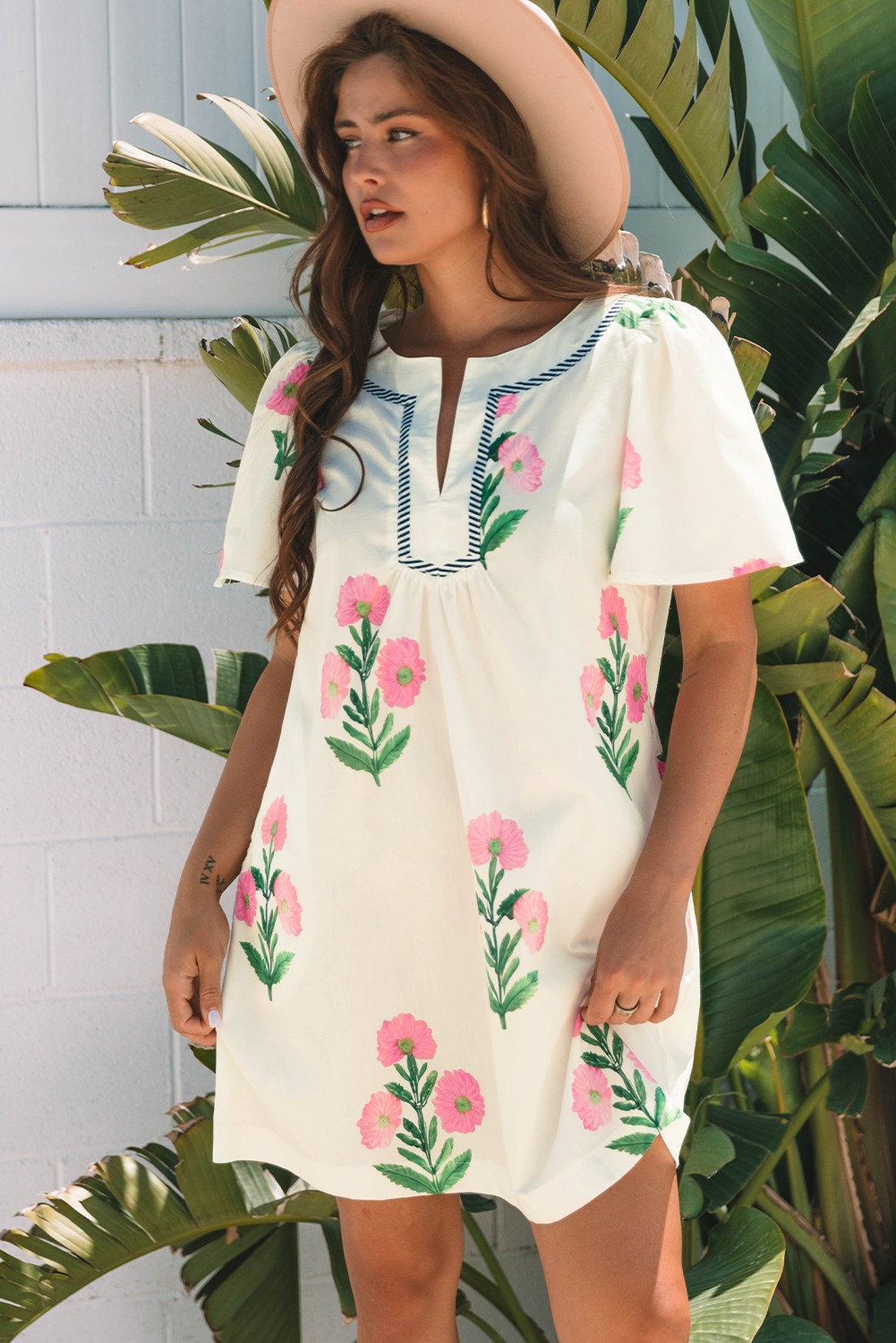 Apricot Floral Short Sleeve Split Neck Loose Mini Dress - Image 6