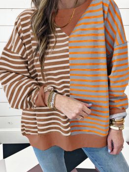 Brown Stripe Casual Stripe Colorblock Drop Shoulder Oversize Sweatshirt
